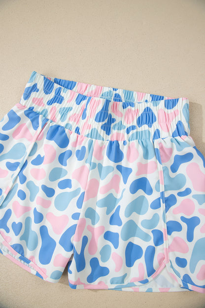 Sky Blue Camouflage Print Shirred High Waist Athleisure Shorts