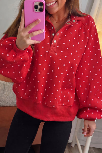 Black Polka Dot Print Metal Button Collar Casual Pullover Sweatshirt