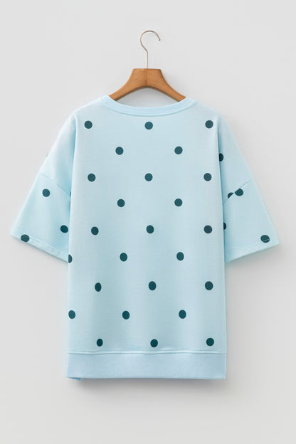 Sky Blue Polka Dot Print Crossed Seam Detail Oversize Tee