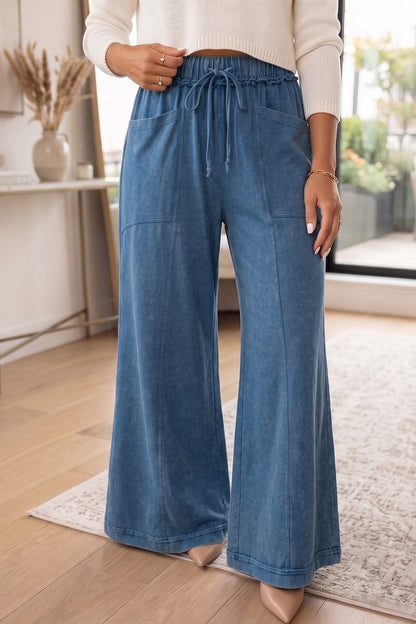 Jungle Green Mineral Wash Seam Detail Flare Leg Drawstring Pants