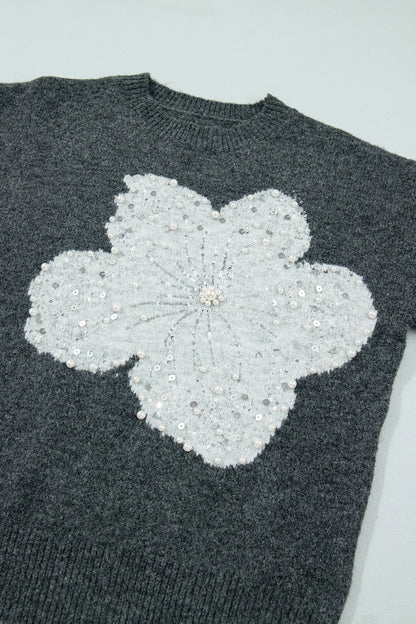 Dark Grey Beaded Floral Accent Casual Round Neck Sweater
