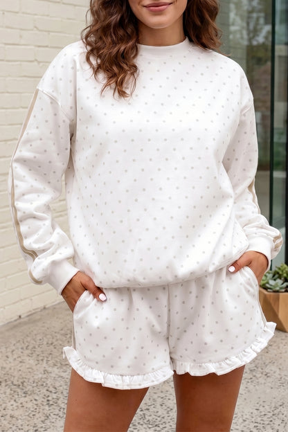 White Polka Dot Print Side Stripe Detail Casual Sweatshirt 2pcs Short Set
