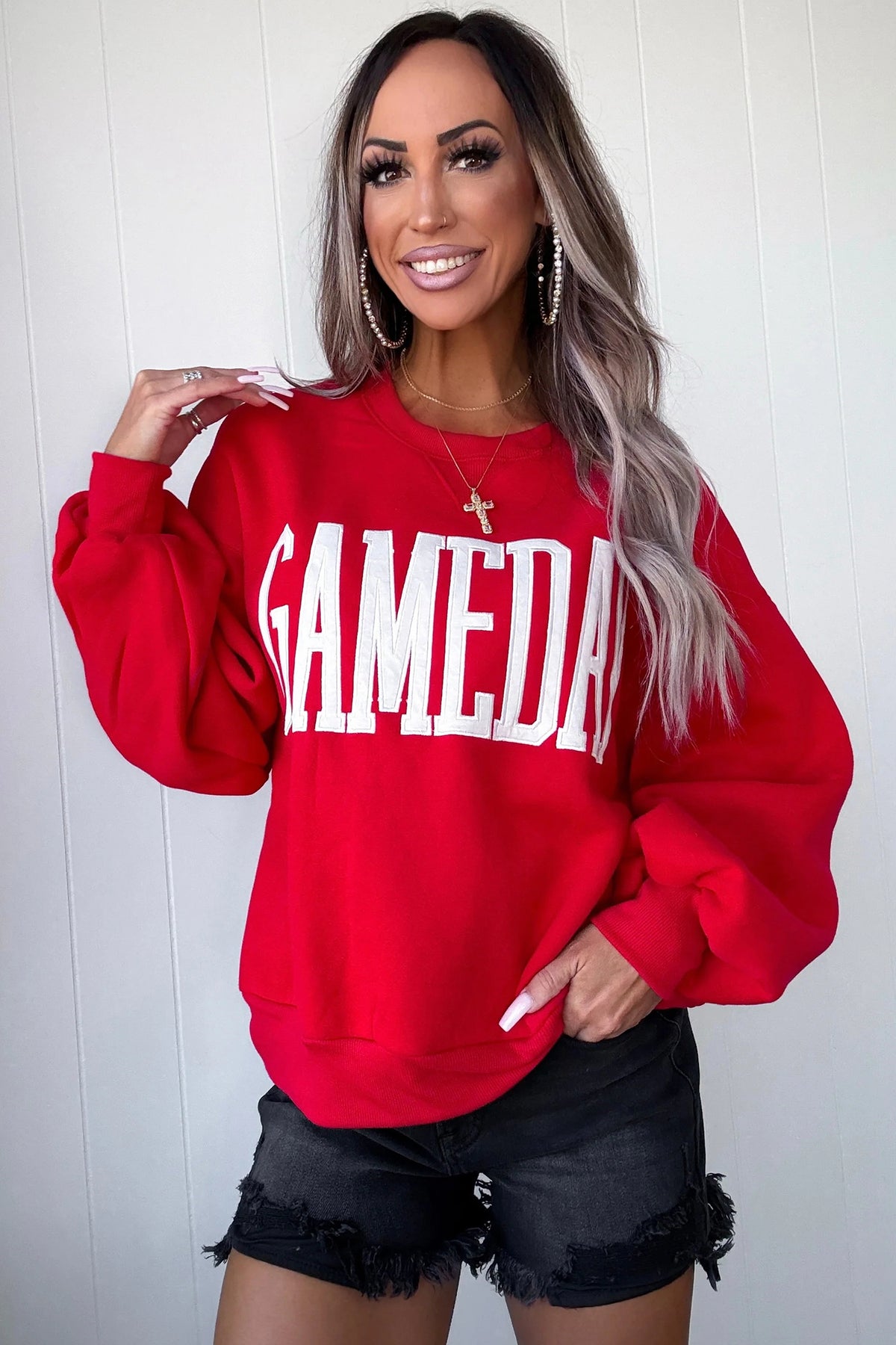 Fiery Red GAMEDAY Embroidered Patch Pattern Casual Shift Sweatshirt