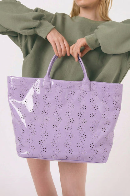 Orchid Eyelet Flower Pattern PVC Glossy Waterproof Tote Bag