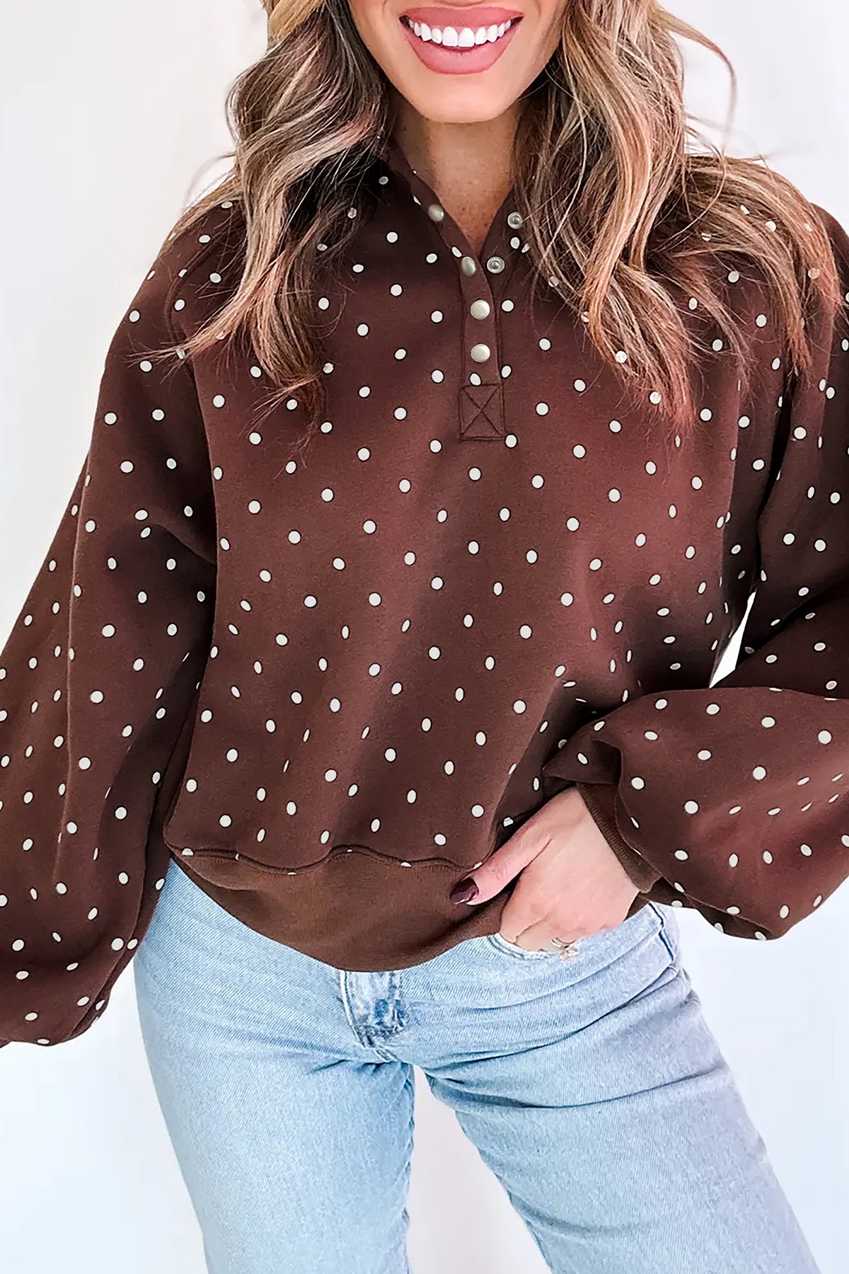 Black Polka Dot Print Metal Button Collar Casual Pullover Sweatshirt