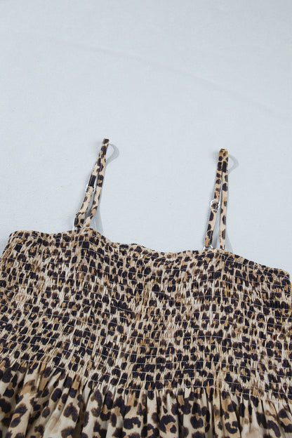 Multicolour Leopard Spaghetti Straps Shirred Ruffle Tank Top