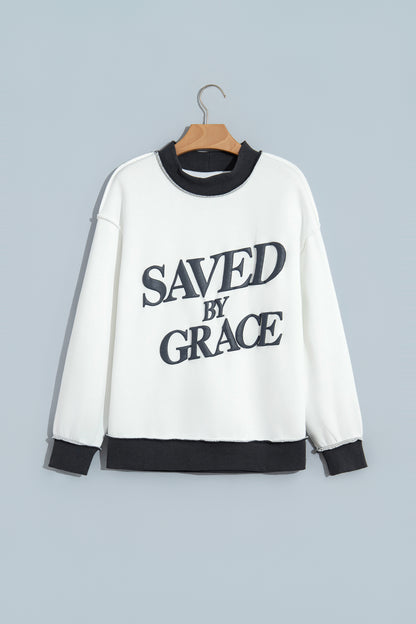 Coffee Saved By Grace Print Color Block Mock Neck Oversized Sweatshirt