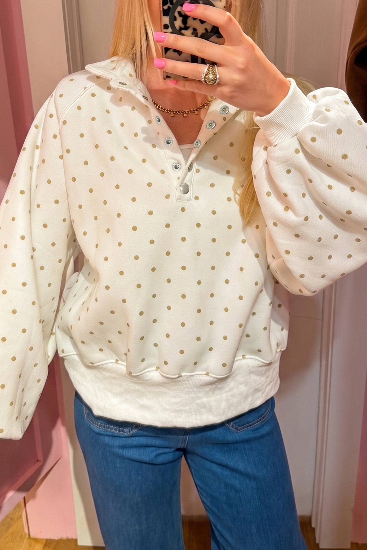 Black Polka Dot Print Metal Button Collar Casual Pullover Sweatshirt