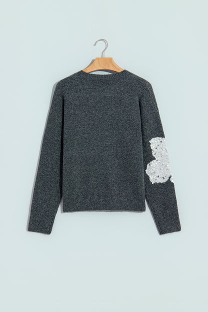 Dark Grey Beaded Floral Accent Casual Round Neck Sweater