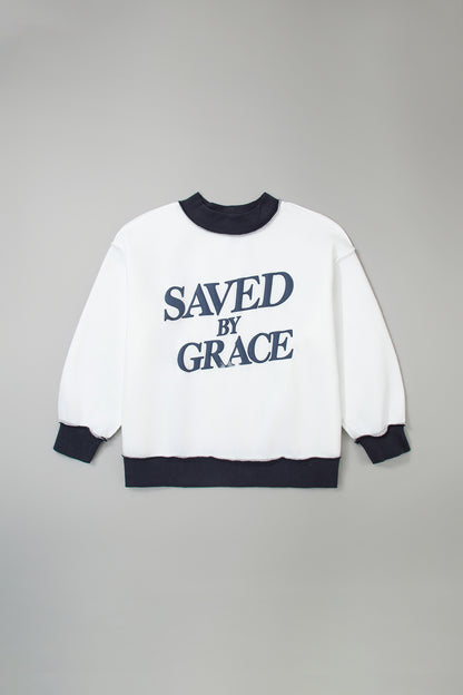 Beige SAVED BY GRACE Letter Print Color Block Mock Neck Plus Size Sweatshirt