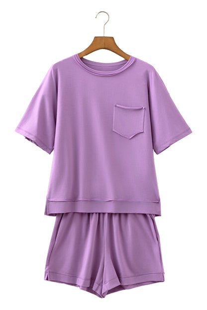 Orchid Bouquet Raw Edge Patch Pocket Oversized Top and Shorts Set
