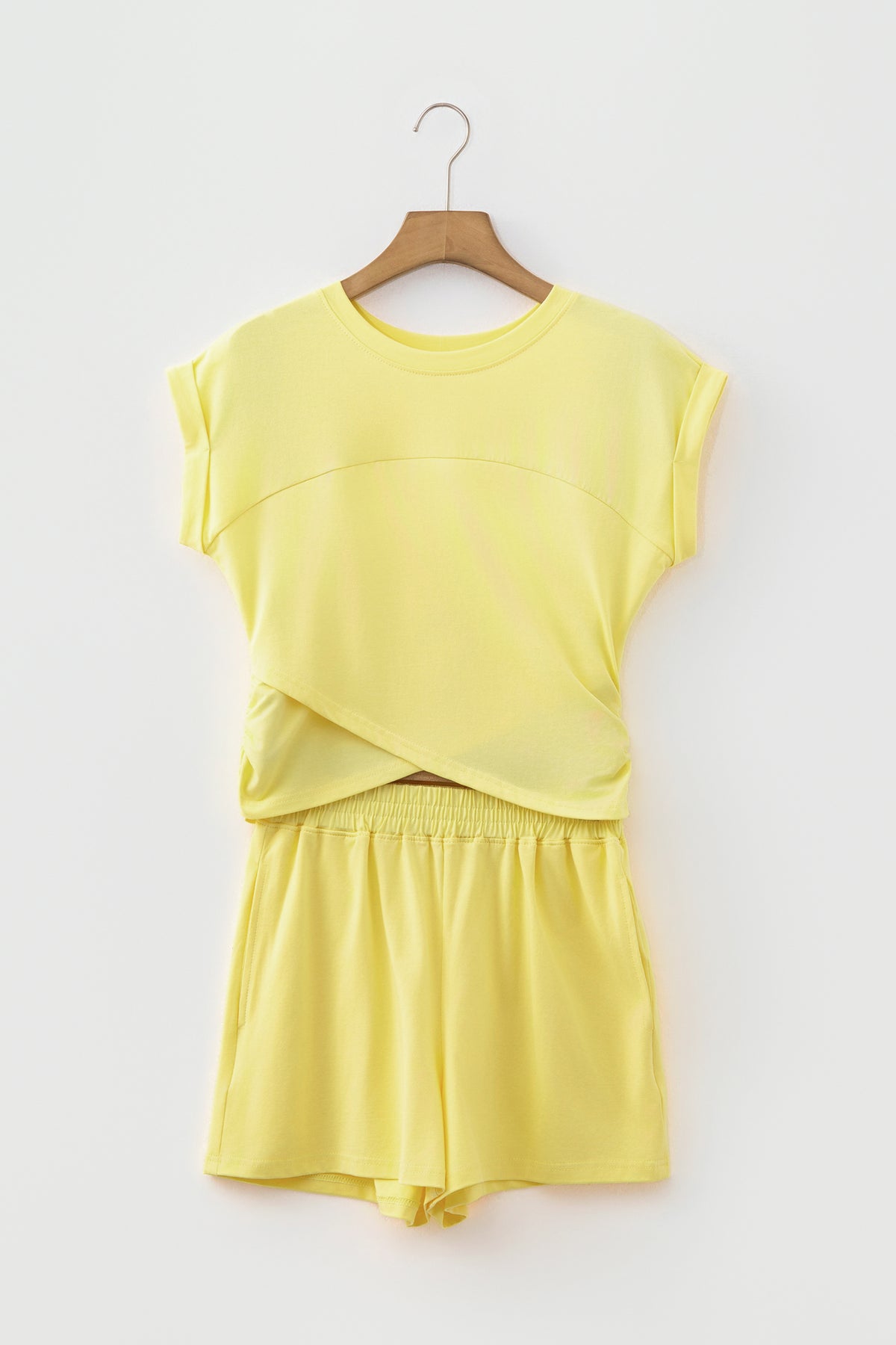 Mist Blue Solid Short Sleeve Elastic Waist Pocket Casual Two Piece Short Set