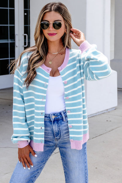 Sky Blue Stripe Striped Long Sleeve Round Neck Open Front Cardigan