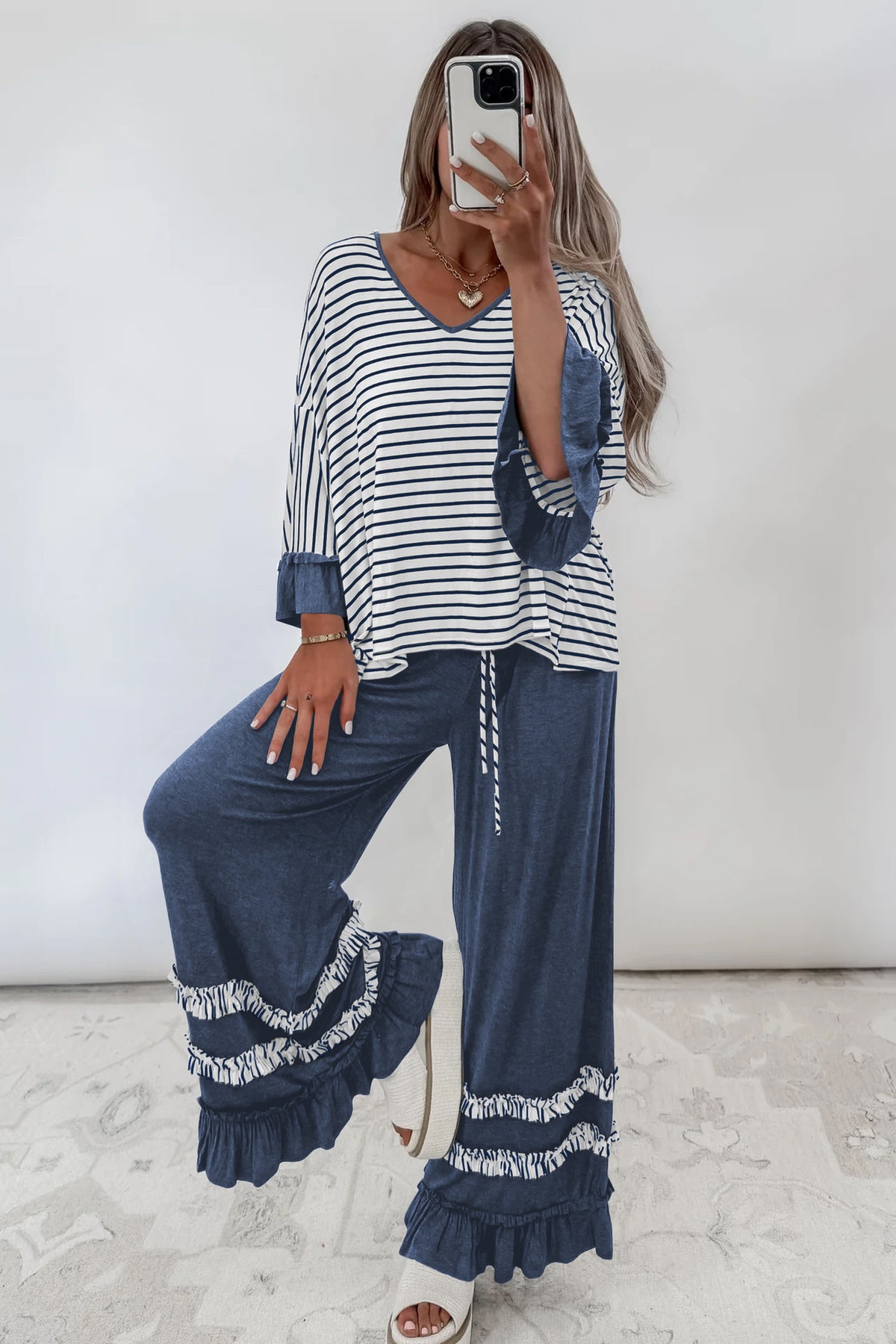 Khaki Stripe V Neck Ruffle Contrast Sleeve Top Drawstring Pants 2pcs Set