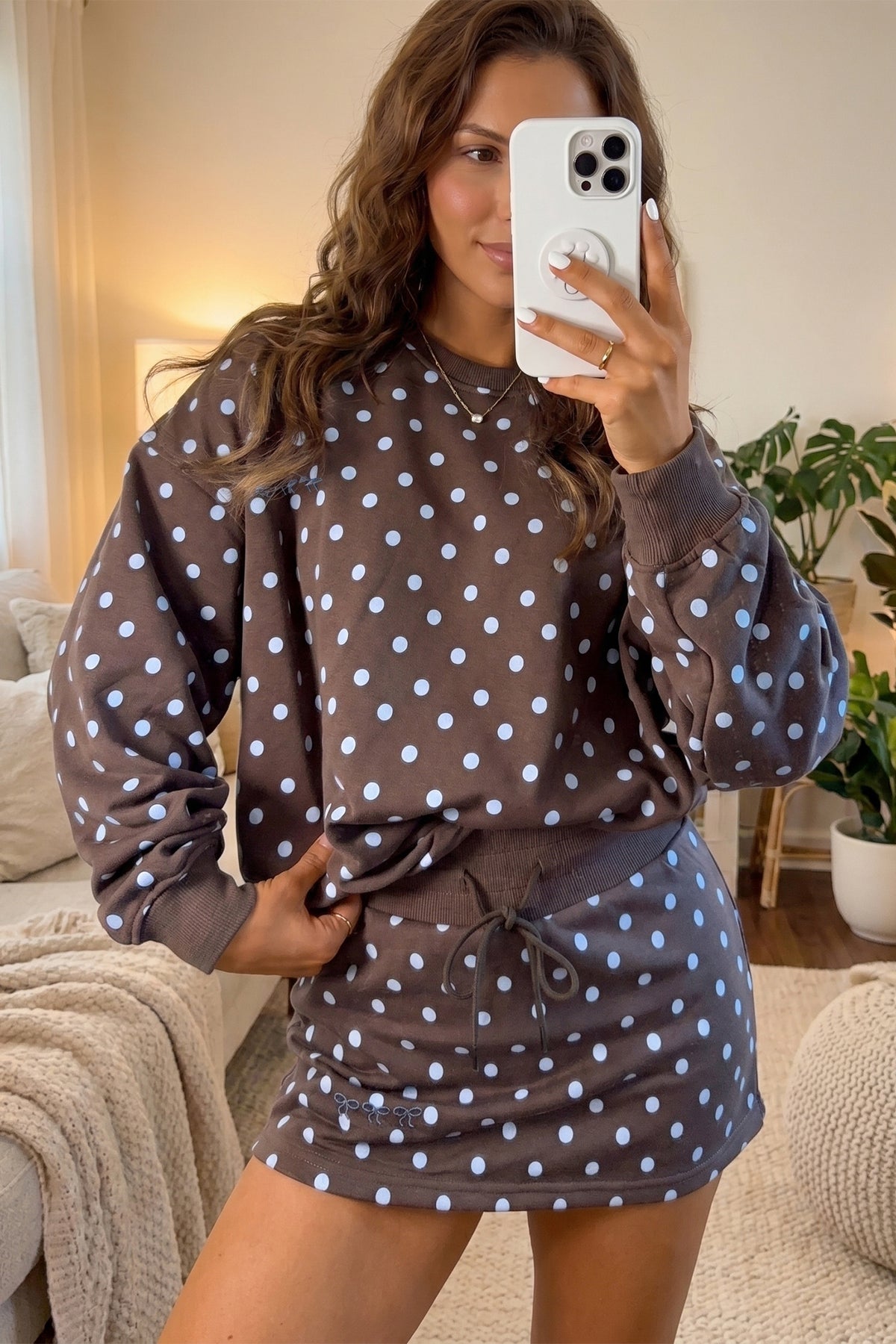 Brown Polka Dot Long Sleeve Pullover Embroidered Bow Detail 2pcs Skort Set