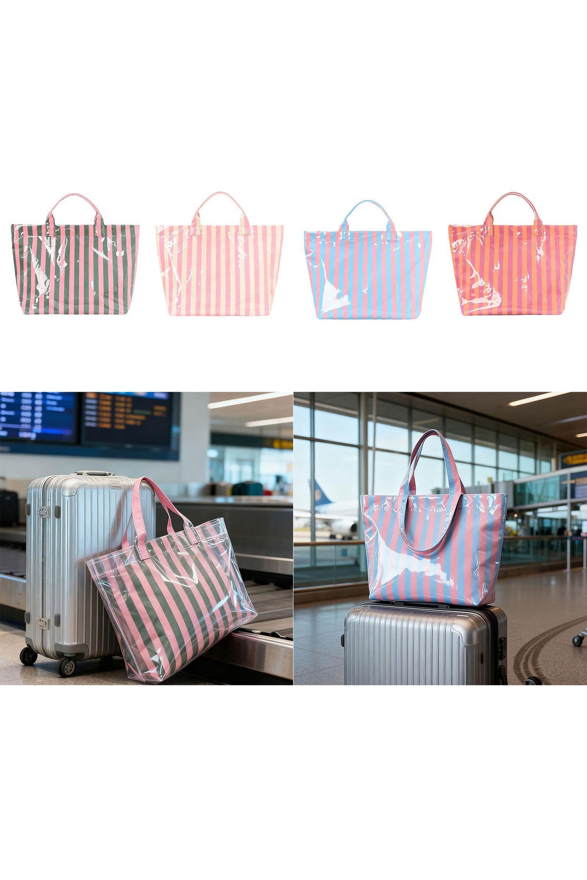 Rose Red Glossy Striped Vinyl Large Tote Bag