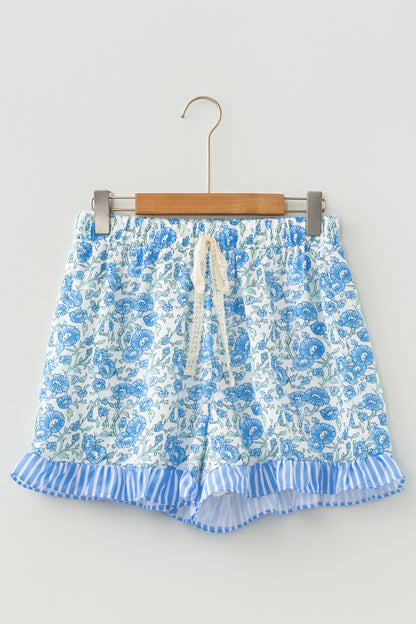Sky Blue Summer Floral Striped Ruffle Hem Lace Tie Shorts