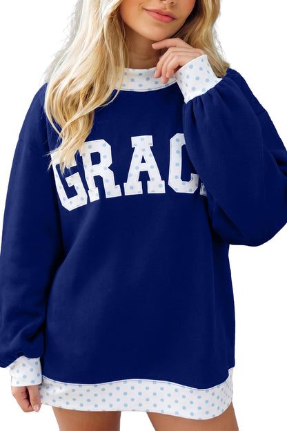 Coffee Polka Dot Trim High Neck BLESSED Letter Graphic Baggy Sweatshirt
