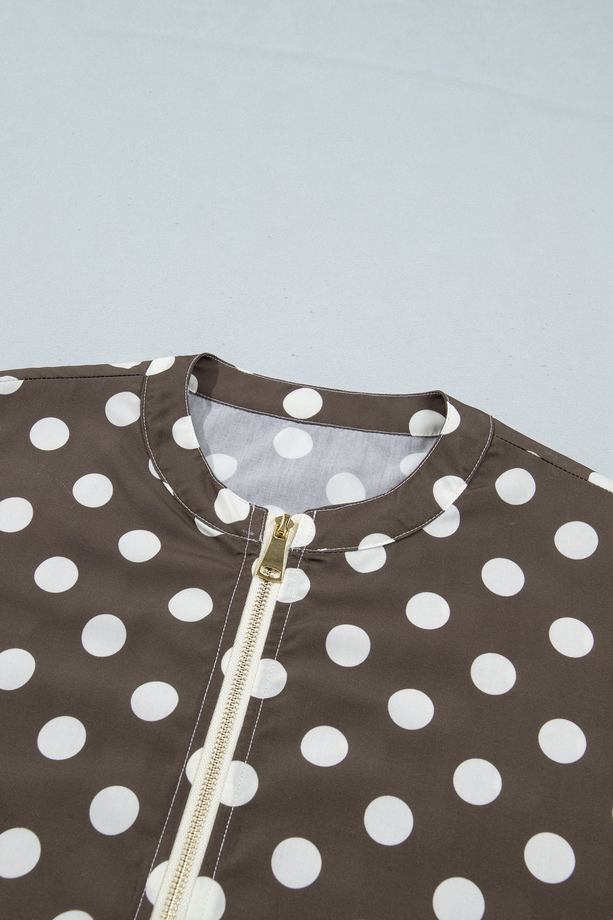 Brown Polka Dot Contrast Detail Zip-Up Long Sleeve Shacket