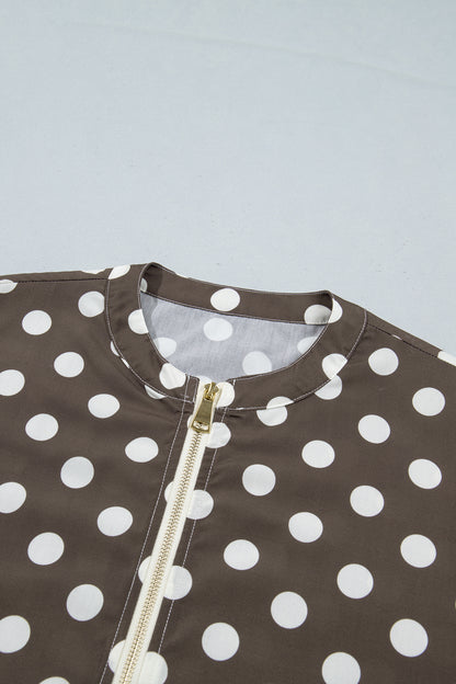 Brown Polka Dot Contrast Detail Zip-Up Long Sleeve Shacket