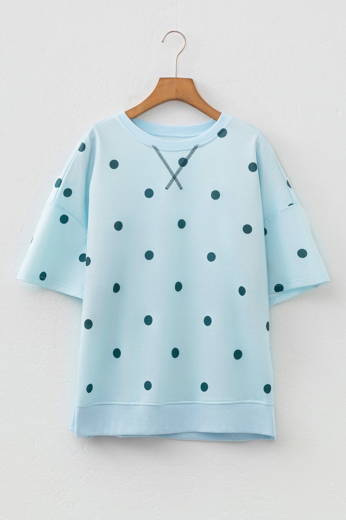 Sky Blue Polka Dot Print Crossed Seam Detail Oversize Tee