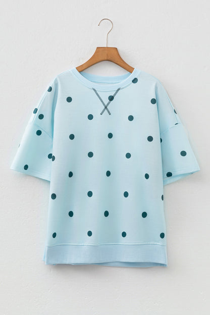 Sky Blue Polka Dot Print Crossed Seam Detail Oversize Tee