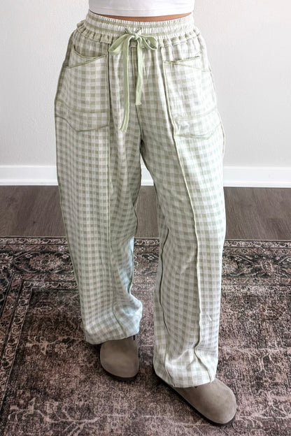 Red Plaid Contrast Trim Drawstring Elastic Waist Shift Pants