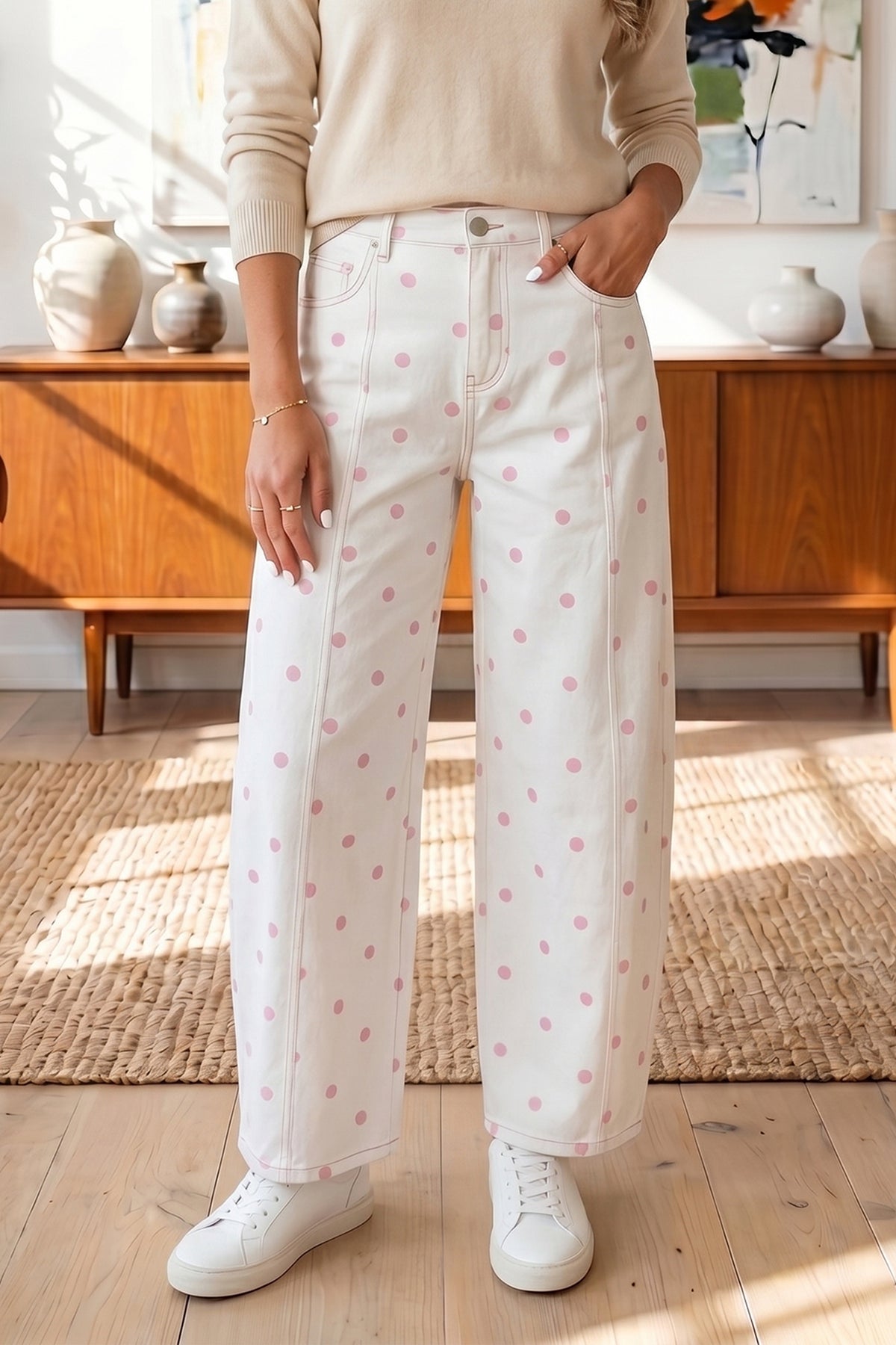 Blue Tailored Seam Polka Dot Print Ankle Length Casual Jeans
