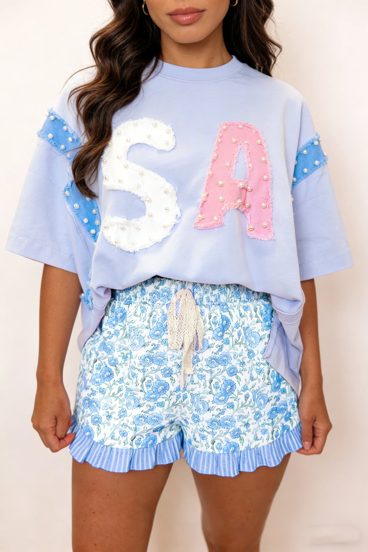 Sky Blue Summer Floral Striped Ruffle Hem Lace Tie Shorts