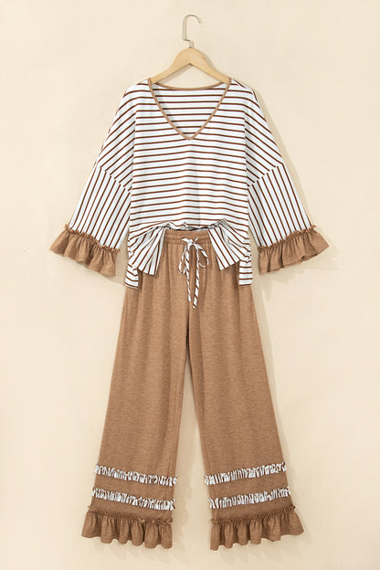 Khaki Stripe V Neck Ruffle Contrast Sleeve Top Drawstring Pants 2pcs Set