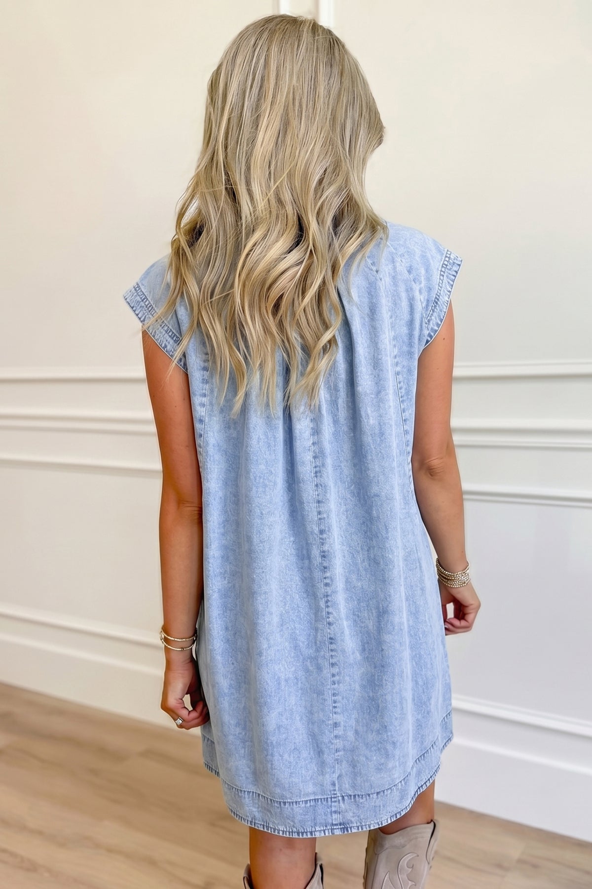 Beau Blue Cap Sleeve Pleated Round Neck Denim Shift Dress