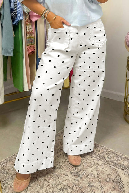 White Polka Dot Print Scalloped Patch Pocket Cotton Shift Pants