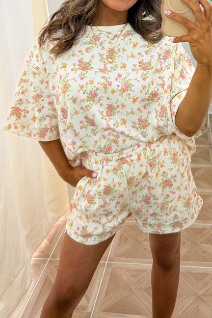 Sky Blue Floral Print Short Sleeve Elastic Waist Pocket Two Piece Set