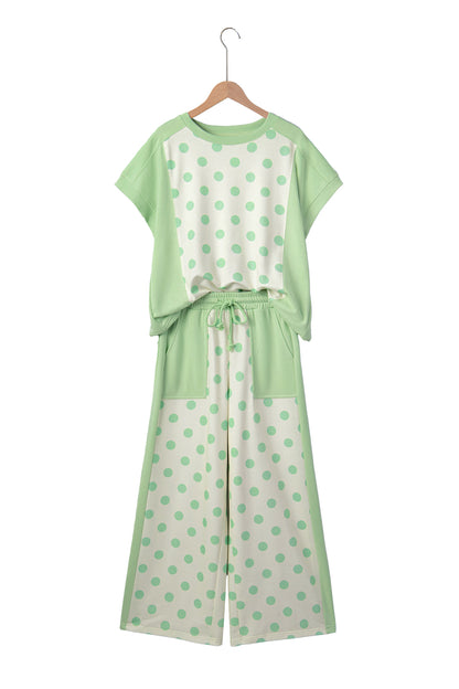 Green Color Block Patchwork Polka Dot Wide Leg Pant Set