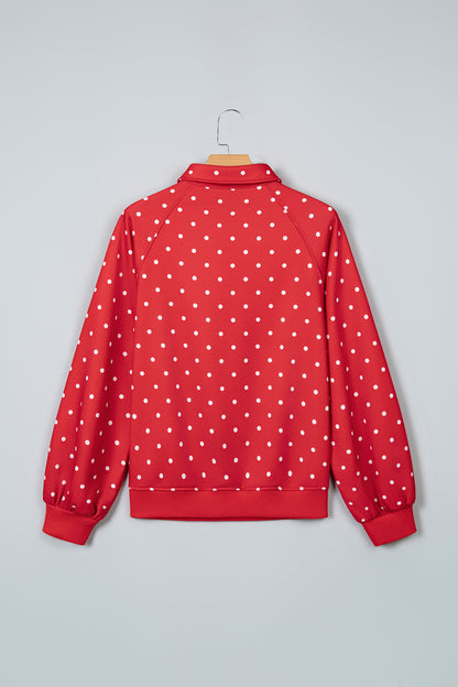 Black Polka Dot Print Metal Button Collar Casual Pullover Sweatshirt