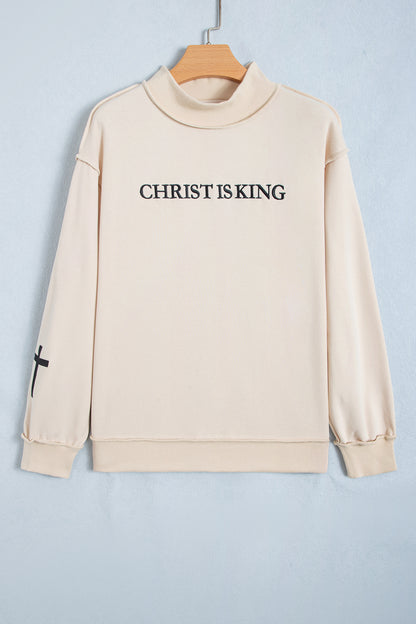 Black CHRIST IS KING Embroidery High Neck Baggy Sweatshirt