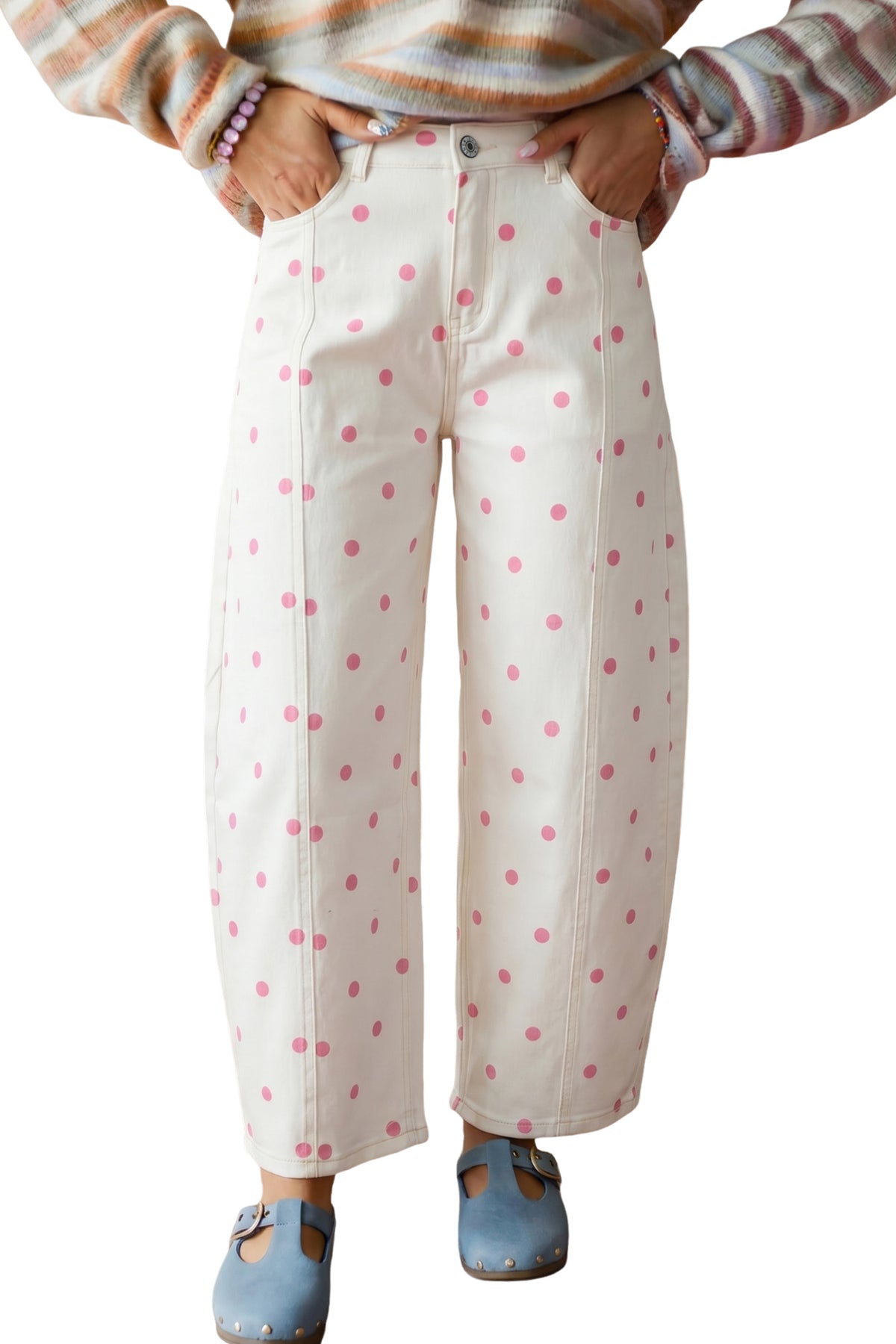 Blue Tailored Seam Polka Dot Print Ankle Length Casual Jeans