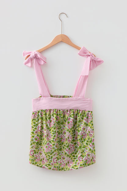 Green Floral Printed Knot Straps Babydoll Tank Top