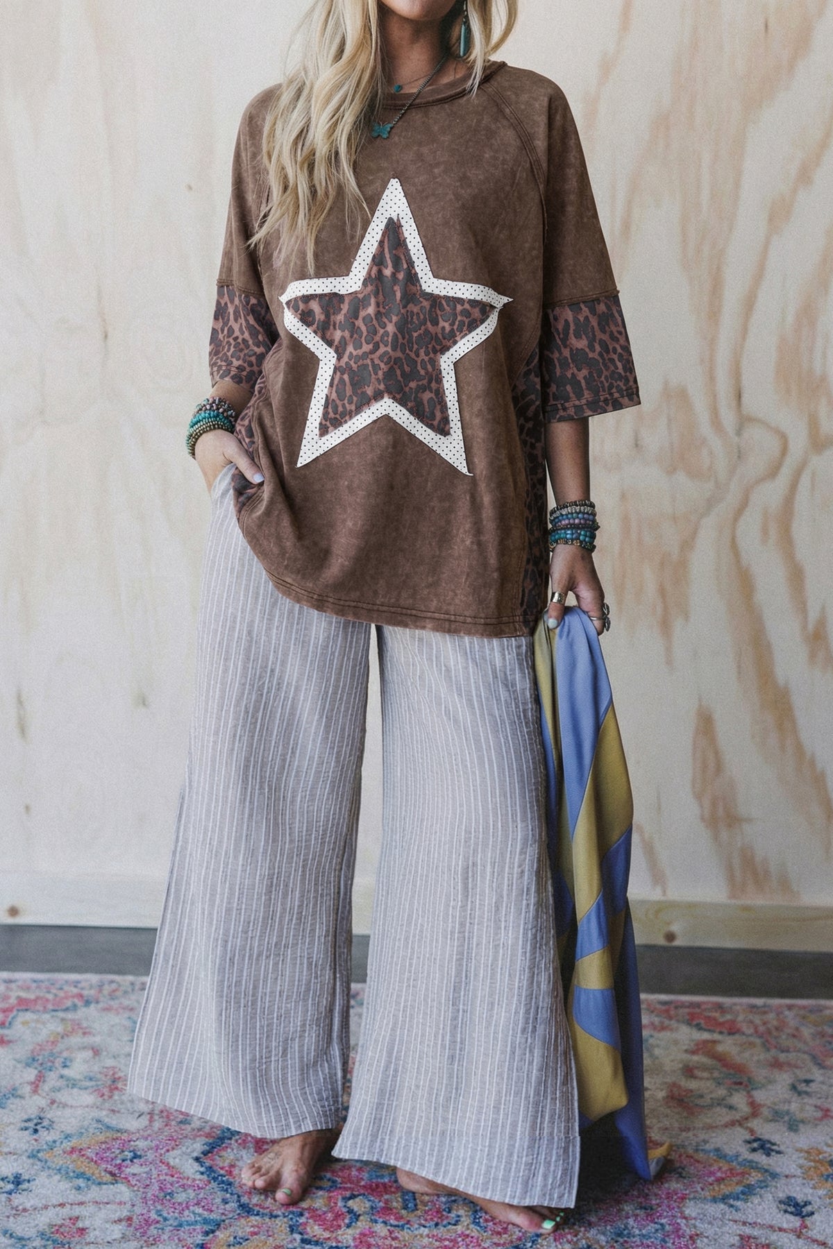 Coffee Mineral Wash Exposed Seam Leopard Star Patched T Shirt
