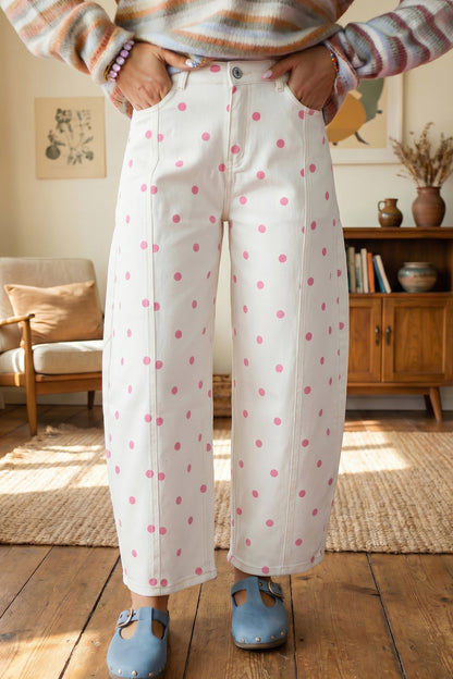Blue Tailored Seam Polka Dot Print Ankle Length Casual Jeans