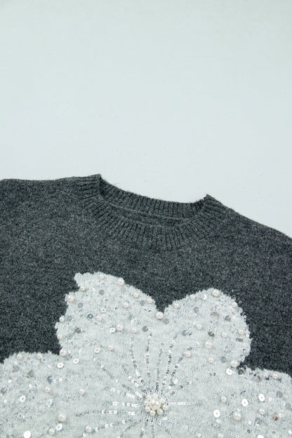 Dark Grey Beaded Floral Accent Casual Round Neck Sweater