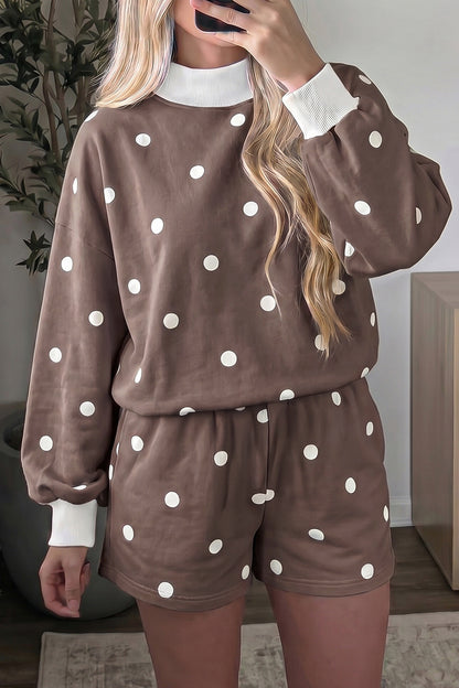 Pink Polka Dot Ribbed Trim Long Sleeve Top Casual Short Set