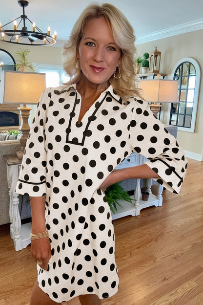 White Polka Dot Half Sleeve Collar V Neck Pocketed Casual Mini Dress