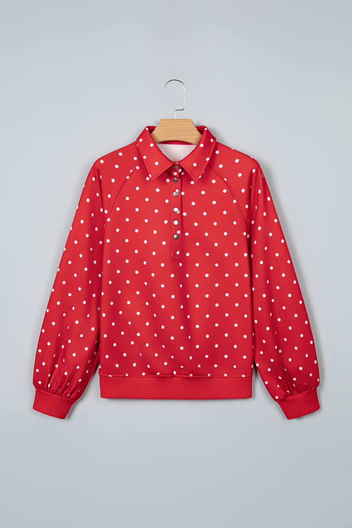 Black Polka Dot Print Metal Button Collar Casual Pullover Sweatshirt