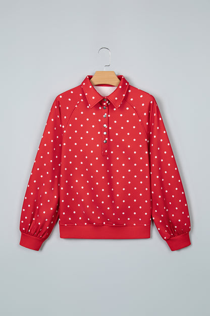 Black Polka Dot Print Metal Button Collar Casual Pullover Sweatshirt