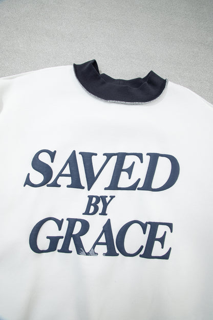 Beige SAVED BY GRACE Letter Print Color Block Mock Neck Plus Size Sweatshirt