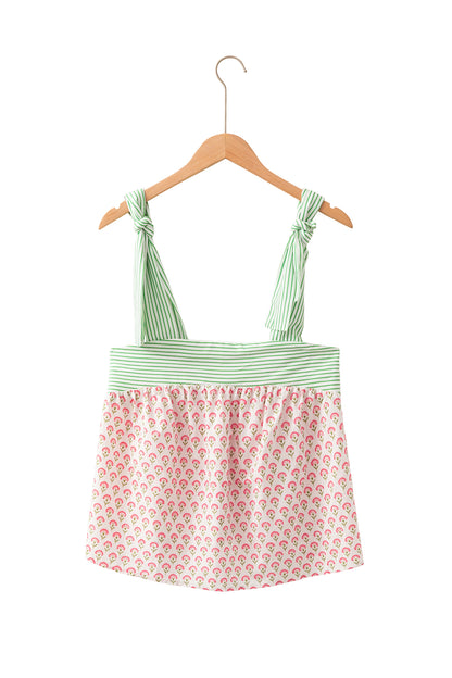 Green Floral Printed Knot Straps Babydoll Tank Top