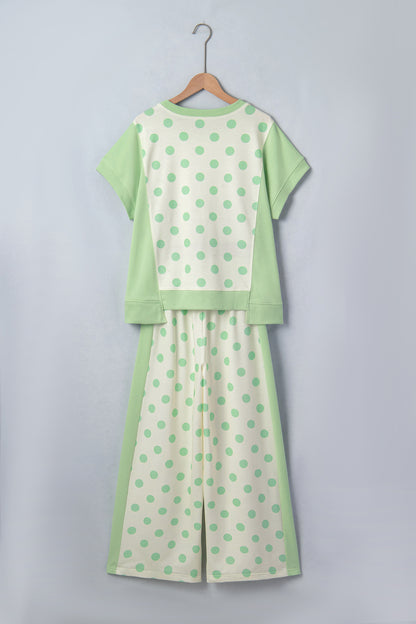 Green Color Block Patchwork Polka Dot Wide Leg Pant Set