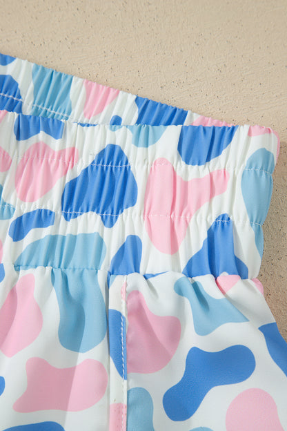 Sky Blue Camouflage Print Shirred High Waist Athleisure Shorts