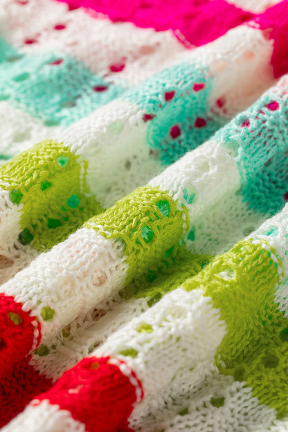Multicolour Striped Eyelet Knit V Neck Sweater Tee